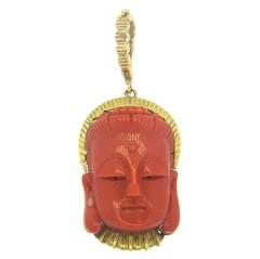Kwan Yin Carved Coral Gold Pendant