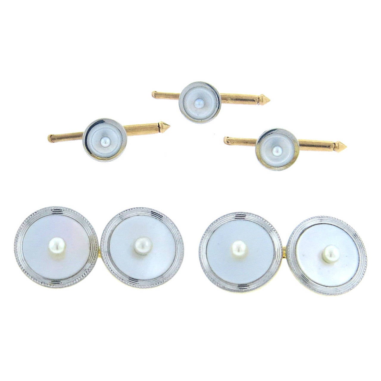 Cartier Art Deco Mother-of-Pearl Seed Pearl Gold Platinum Cufflinks Stud Set