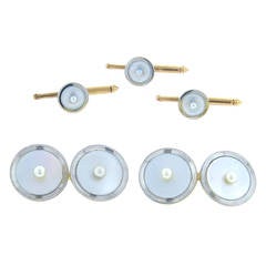 Cartier Art Deco Mother-of-Pearl Seed Pearl Gold Platinum Cufflinks Stud Set