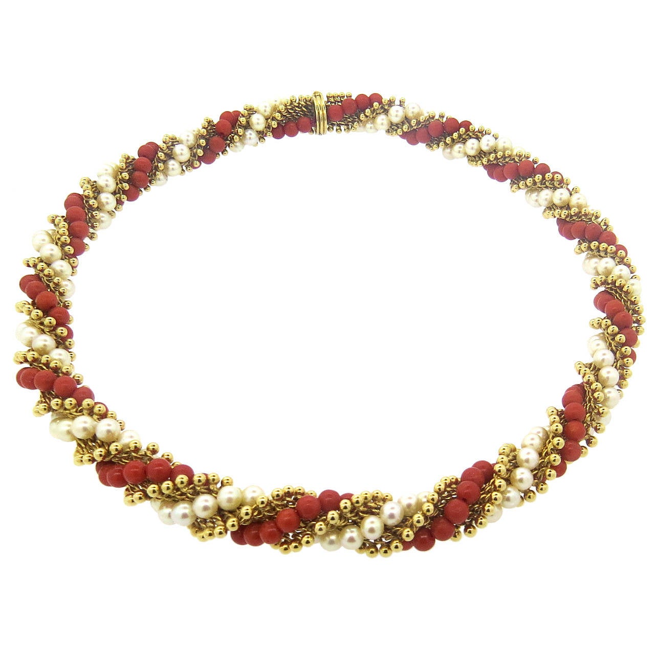 1960s Van Cleef & Arpels Pearl Coral Gold Bead Necklace