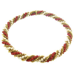 Vintage 1960s Van Cleef & Arpels Pearl Coral Gold Bead Necklace