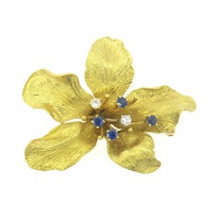 Whimsical Sapphire Diamond Gold Flower Brooch Pin