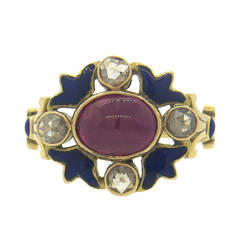 Antique Blue Enamel Cabochon Ruby Diamond Gold Ring