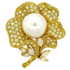 South Sea Pearl Diamond Gold Flower Brooch Pendant