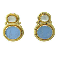 Vintage Elizabeth Locke Intaglio Venetian Glass Moonstone Gold Earrings