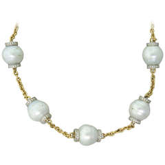 Large South Sea Baroque Pearl Diamond Gold Necklace
