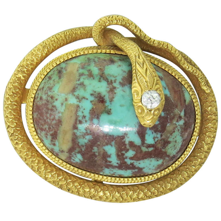 Krementz & Co Turquoise Diamond Snake Gold Brooch Pendant