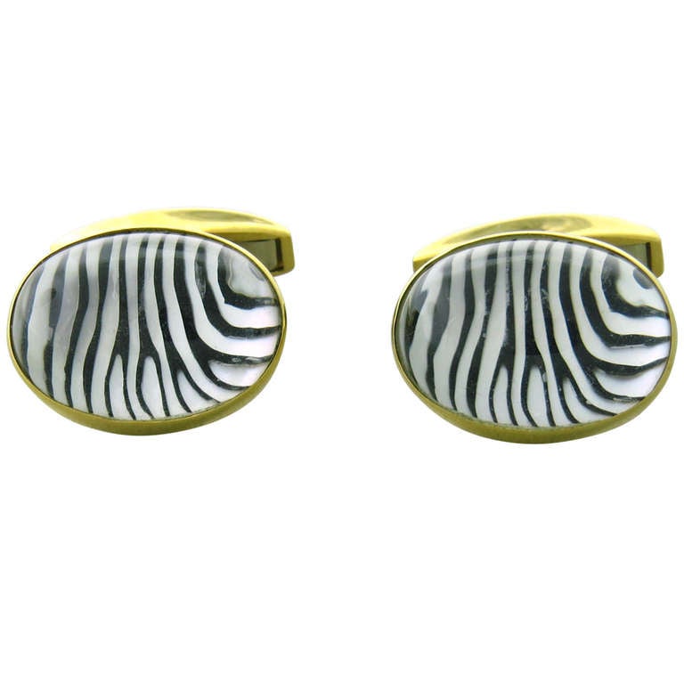 English Reverse Painting Zebra Rock Crystal Gold Cufflinks