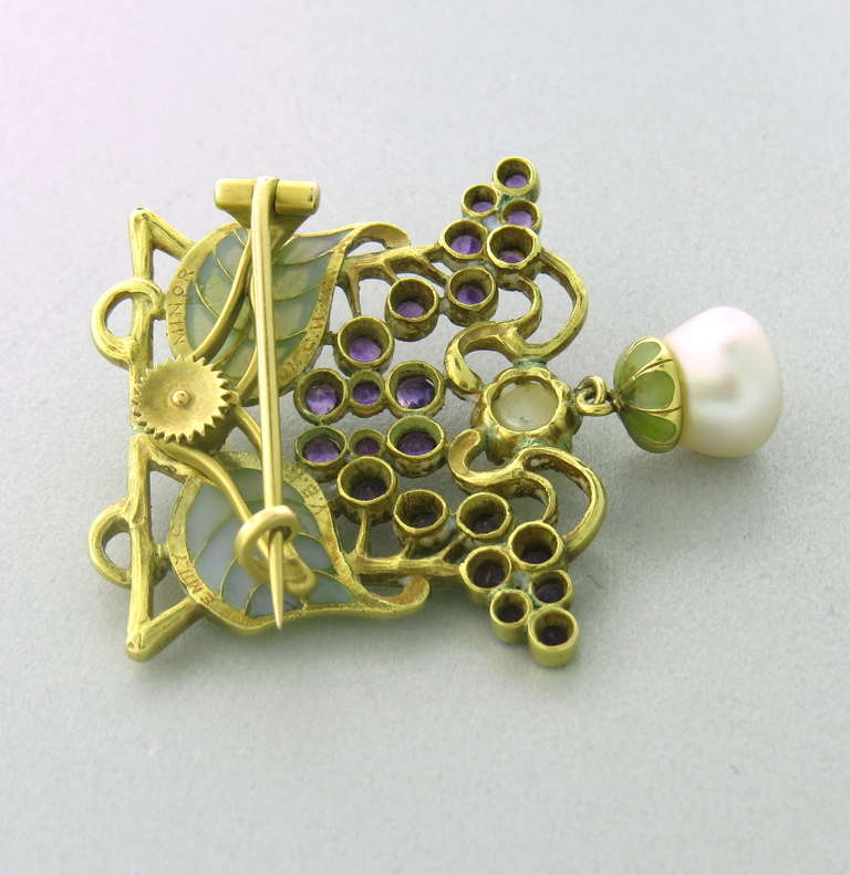 Delicate Art Nouveau 18k gold Plique a Jour brooch with pearls and amethyst. Brooch is 45mm x 36mm. weight 19g