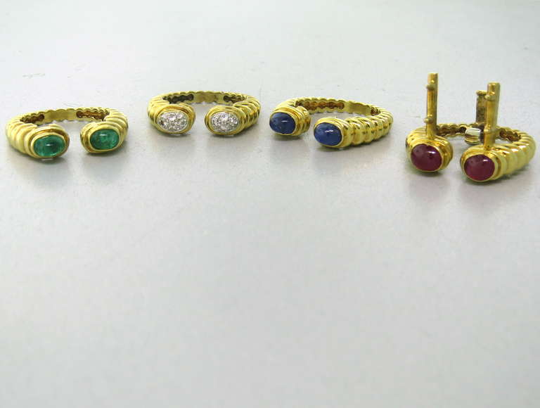 1980s Gold Diamond Ruby Sapphire Emerald Stackable Ring Set