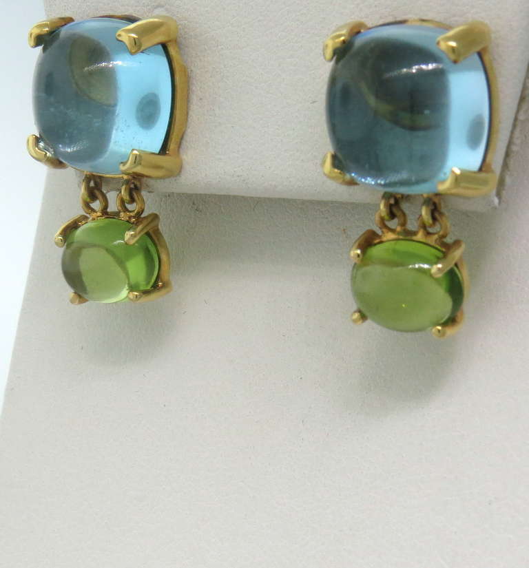 Maz 14k yellow gold earrings with blue topaz and citrine cabochons. Earrings are 25mm x 14mm. marked 14k,MAZ. weight 15.3g