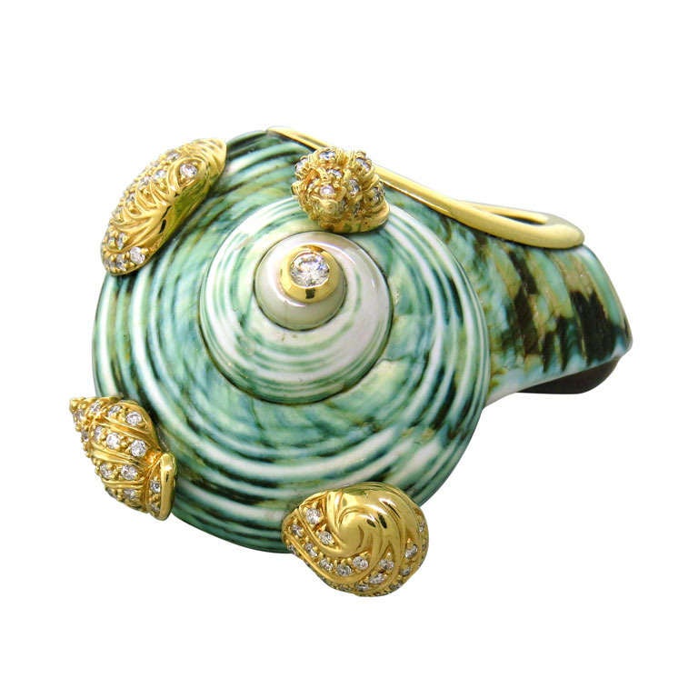 Unique Gold Seashell Diamond Wood Cocktail Ring