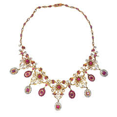 Antique Gold Natural Burmese Ruby Sapphire Necklace