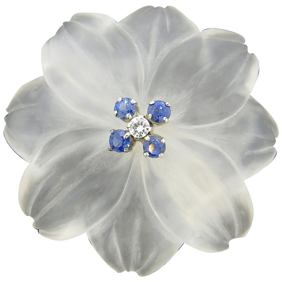 Frosted Crystal Sapphire Diamond Gold Flower Brooch