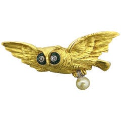Antique Art Nouveau Pearl Emerald Diamond Gold Owl Brooch
