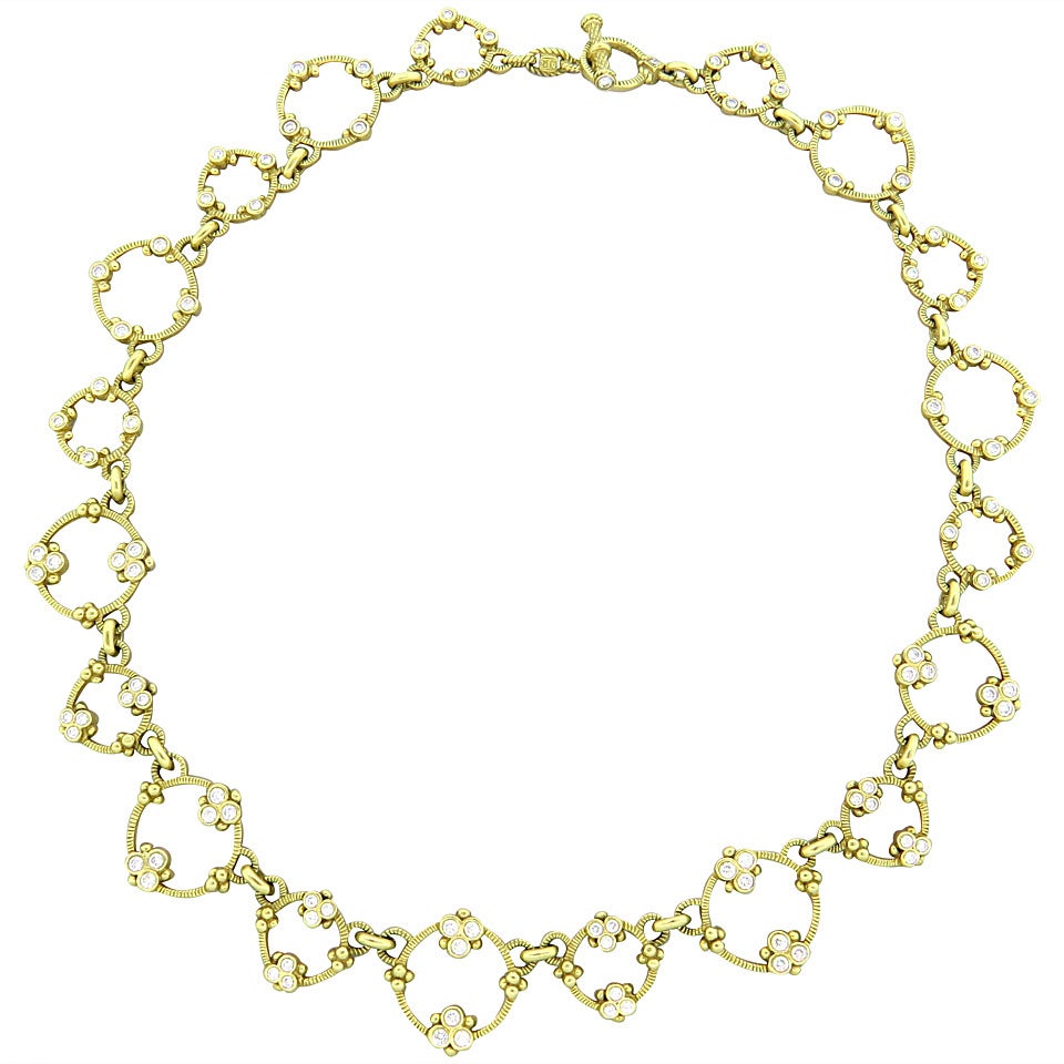Modern Judith Ripka Gold Diamond Circle Link Toggle Necklace
