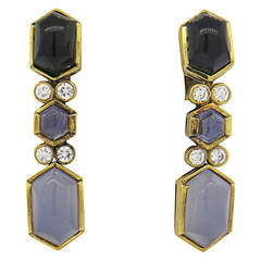 Fine Chalcedony Iolite Onyx Diamond Gold Earrings