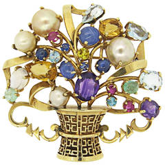 Adorable Multicolor Gemstone Diamond Gold Flower Brooch Set