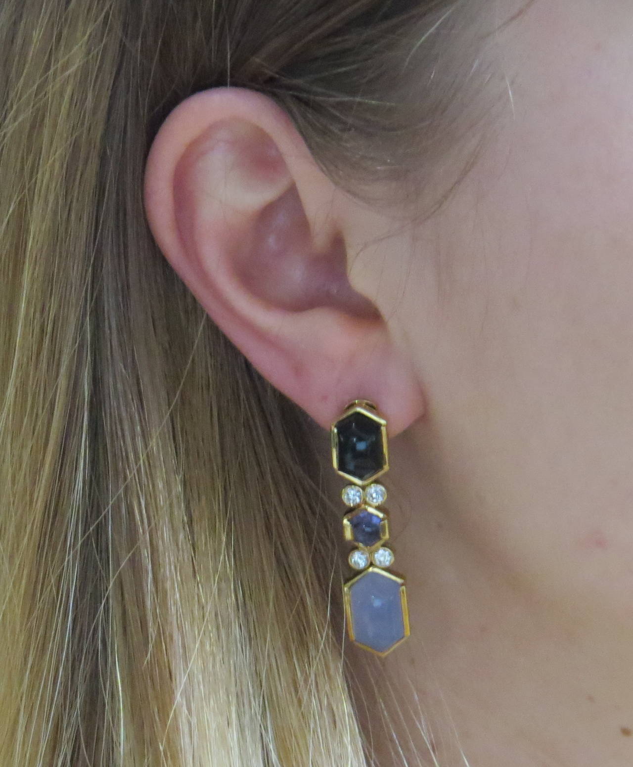 Women's Fine Chalcedony Iolite Onyx Diamond Gold Earrings