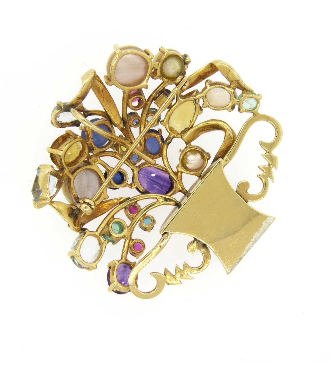 Adorable Multicolor Gemstone Diamond Gold Flower Brooch Set