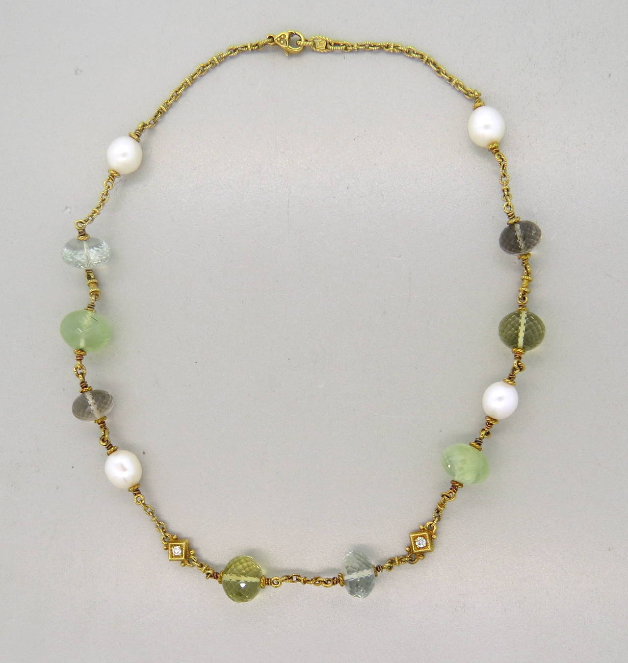 Judith Ripka Gold Pearl Multicolor Quartz Necklace In Excellent Condition In Lambertville, NJ