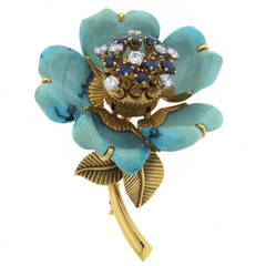 Exquisite French Turquoise Diamond Sapphire Gold Flower Brooch