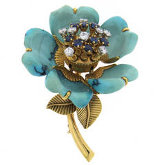 Exquisite French Turquoise Diamond Sapphire Gold Flower Brooch 2