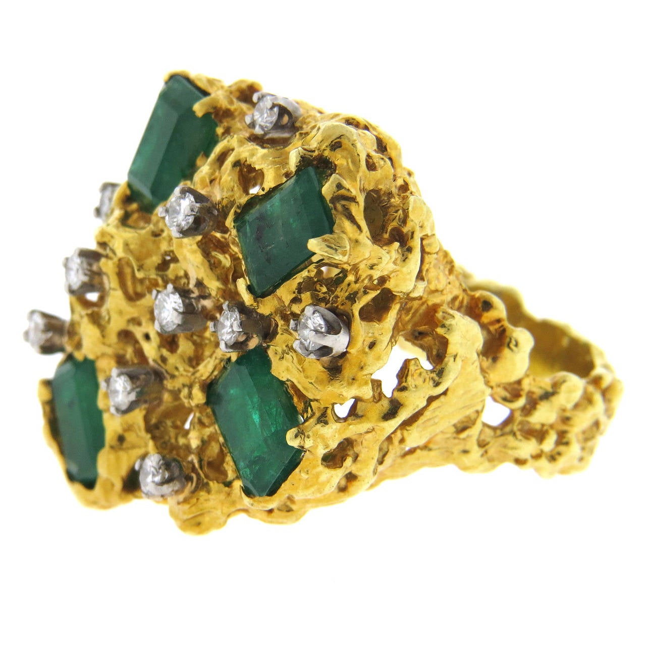 1970s Emerald Diamond Gold Free Form Ring at 1stDibs