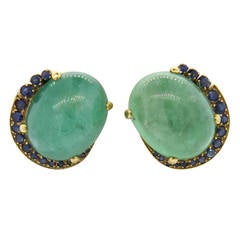 Retro 1940s Emerald Cabochon Sapphire Gold Earrings