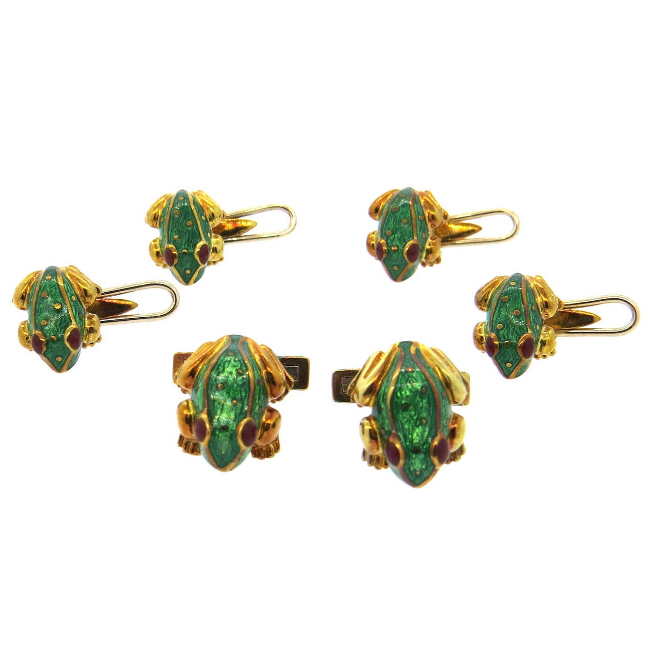 David Webb Green Enamel Ruby Gold Frog Cufflinks Stud Dress Set