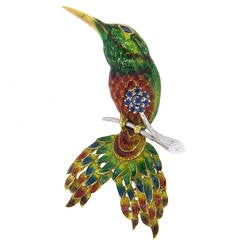 Multicolor Enamel Sapphire Gold Bird Brooch