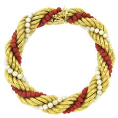 1960s Red Coral Pearl Gold Bracelet