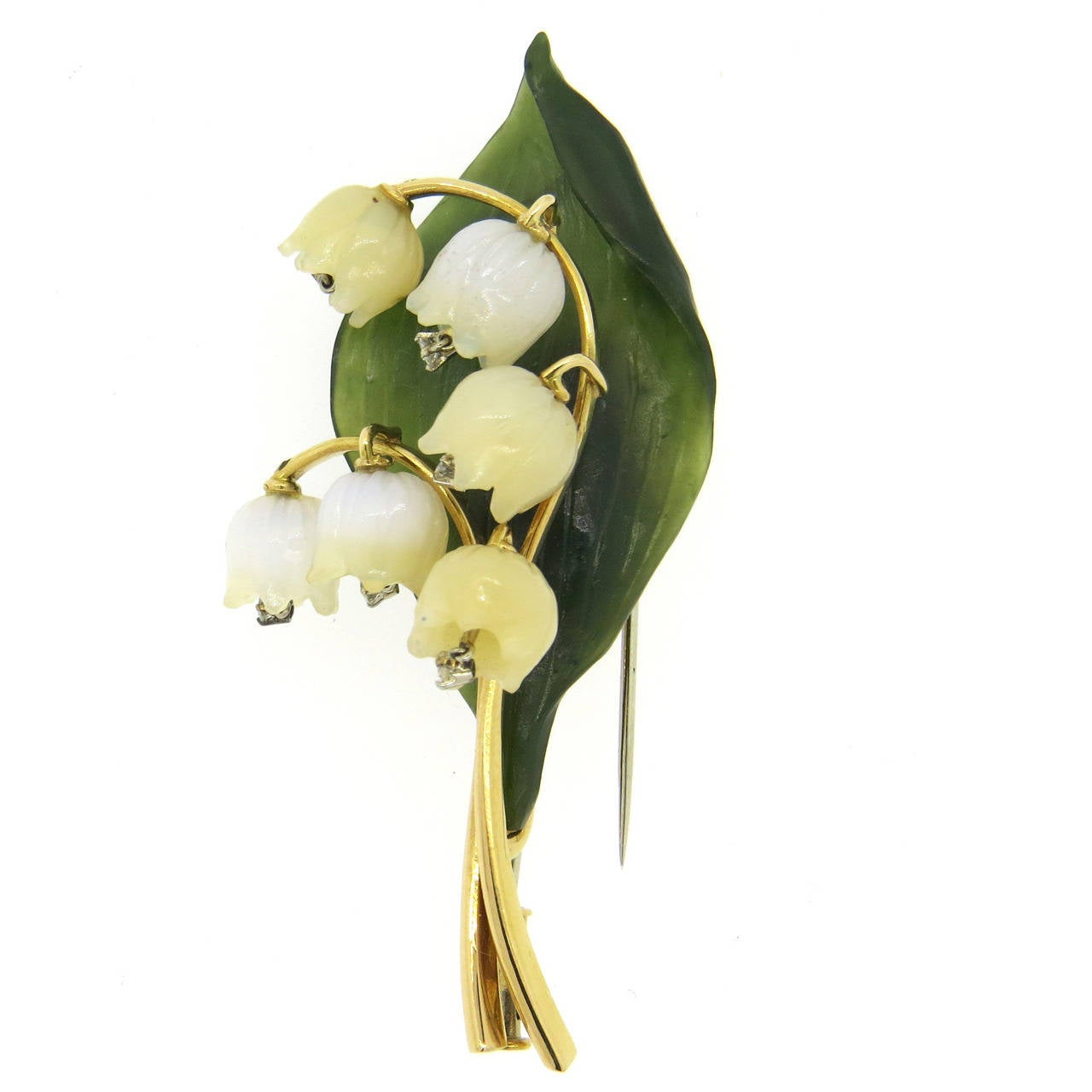 Beautiful Lily of the Valley Mother of Pearl Diamond Nephrite Gold Brooch