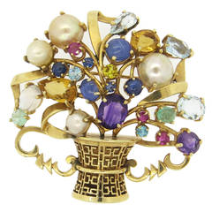 Impressive Vintage Multicolor Gemstone Pearl Basket Pendant Brooch