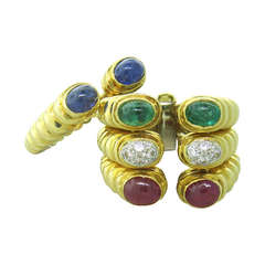 1980s Gold Diamond Ruby Sapphire Emerald Stackable Ring Set