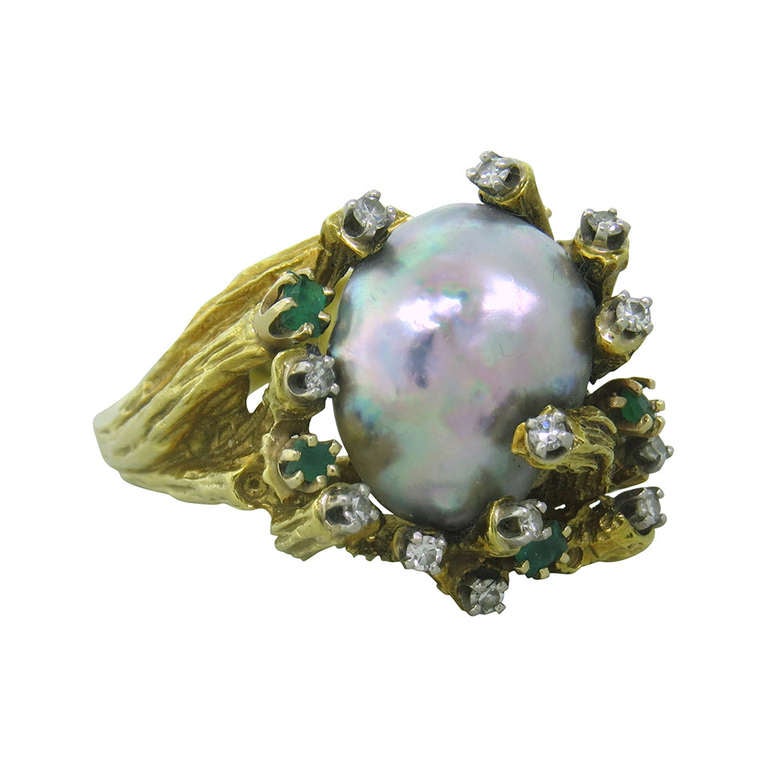 1970s Baroque Pearl Diamond Emerald Gold Ring