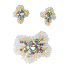 Vintage Gold Diamond Emerald Ruby Sapphire Earrings Brooch Set