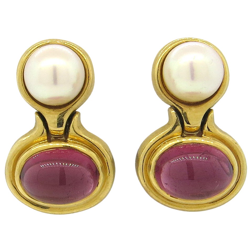 Bulgari Gold Pink Tourmaline Pearl Earrings