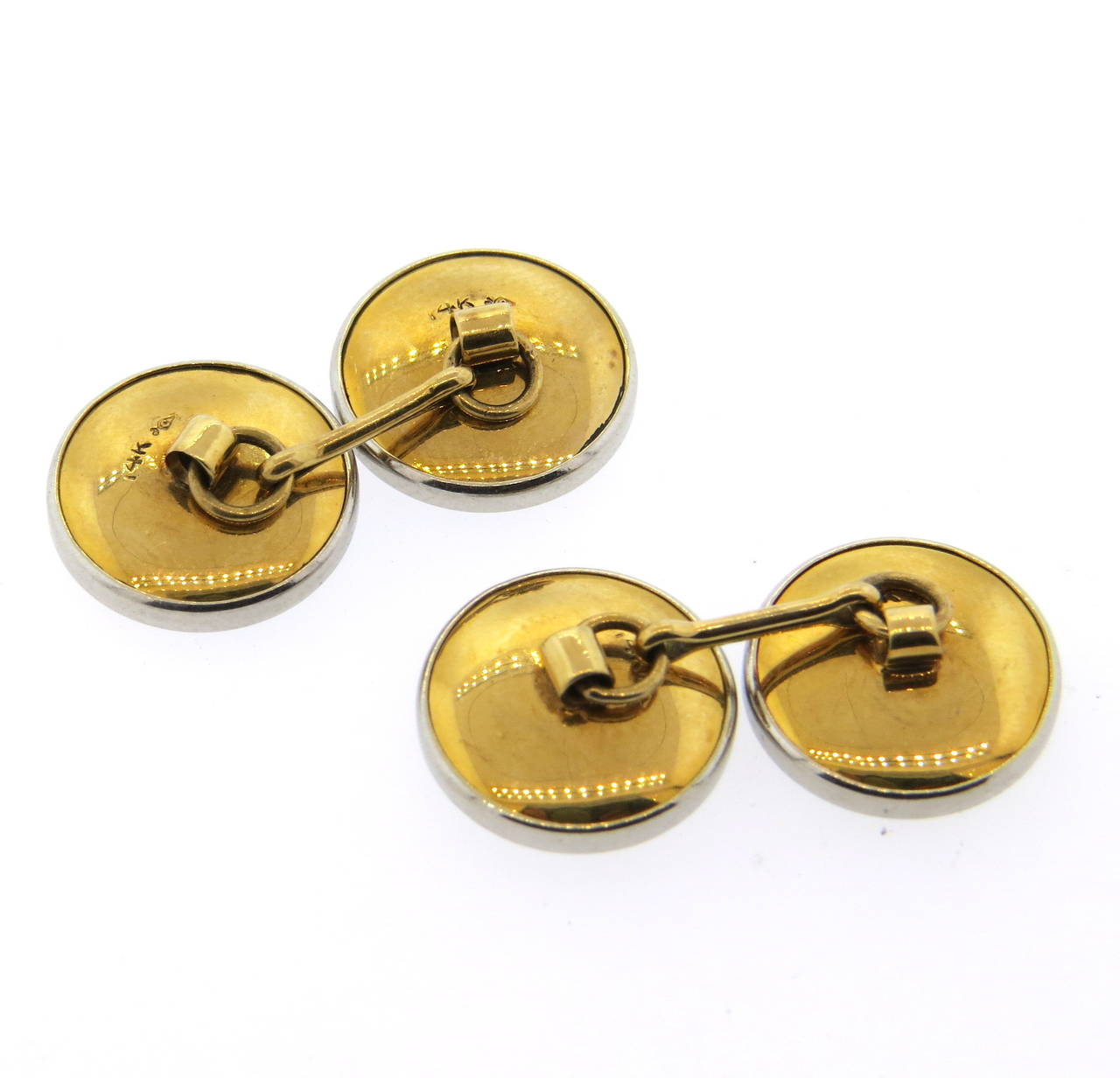 Art Deco 14k gold and platinum top cufflinks, set with black onyx. Top measures 13.6mm in diameter. Weight - 5.2 grams
