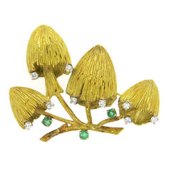 Vintage 1970s Emerald Diamond Gold Mushroom Brooch