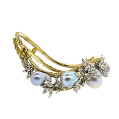 1970s Naturalistic Pearl Diamond Gold Bangle Bracelet 1970s Naturalistic Pearl Diamond Gold Bangle Bracelet