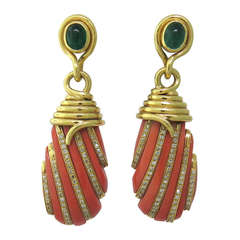 Gold Emerald Diamond Coral Drop Earrings