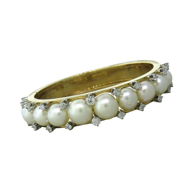 Mid Century Gold Pearl Diamond Bangle Bracelet