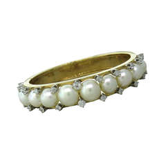 Mid Century Gold Pearl Diamond Bangle Bracelet