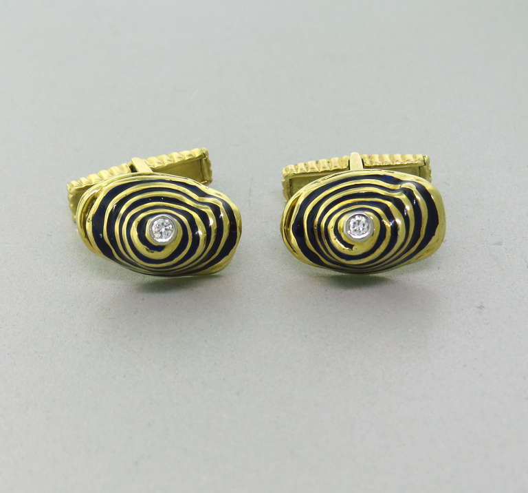 Unusual funky 18k yellow gold cufflinks with blue enamel and diamonds in the center - cufflink top 20mm x 11mm. weight 20.2g