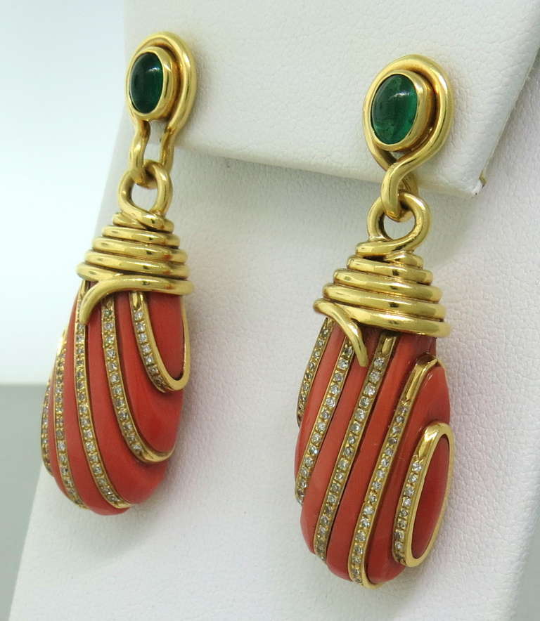 Gold Emerald Diamond Coral Drop Earrings In Excellent Condition In Lambertville, NJ