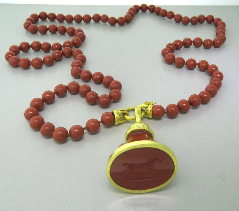 Elizabeth Locke Yellow Gold Jasper Fob Pendant Necklace