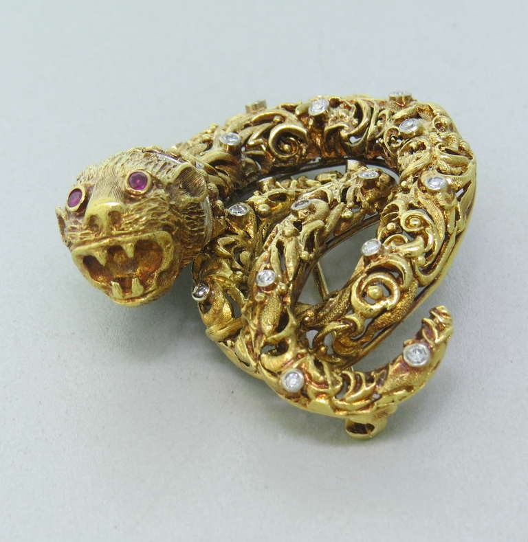 Zolotas Gold Ruby Diamond Chimera Brooch Pin In Excellent Condition In Lambertville, NJ