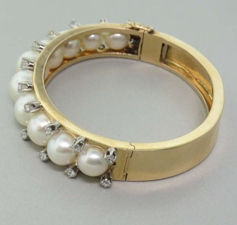 Women's Mid Century Gold Pearl Diamond Bangle Bracelet