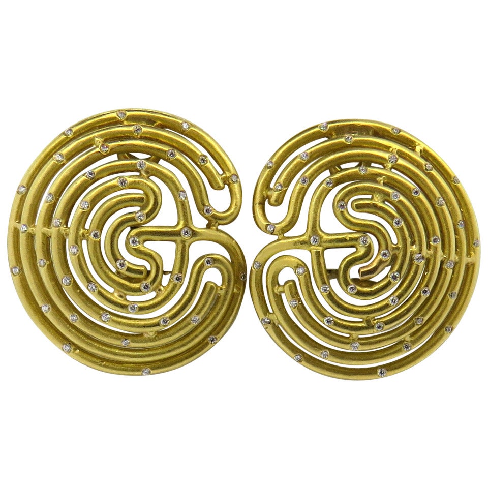 Adria de Haume Diamond Gold Labyrinth Earrings at 1stDibs